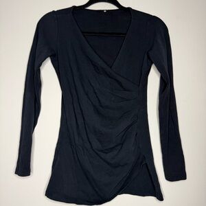 JARBO Pima Cotton Soft Stretchy Faux Wrap Black Long Sleeve Tshirt